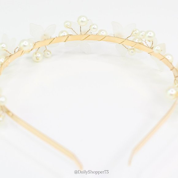 Gold and White Floral Hair Accessory with Crystal Accents main image 4